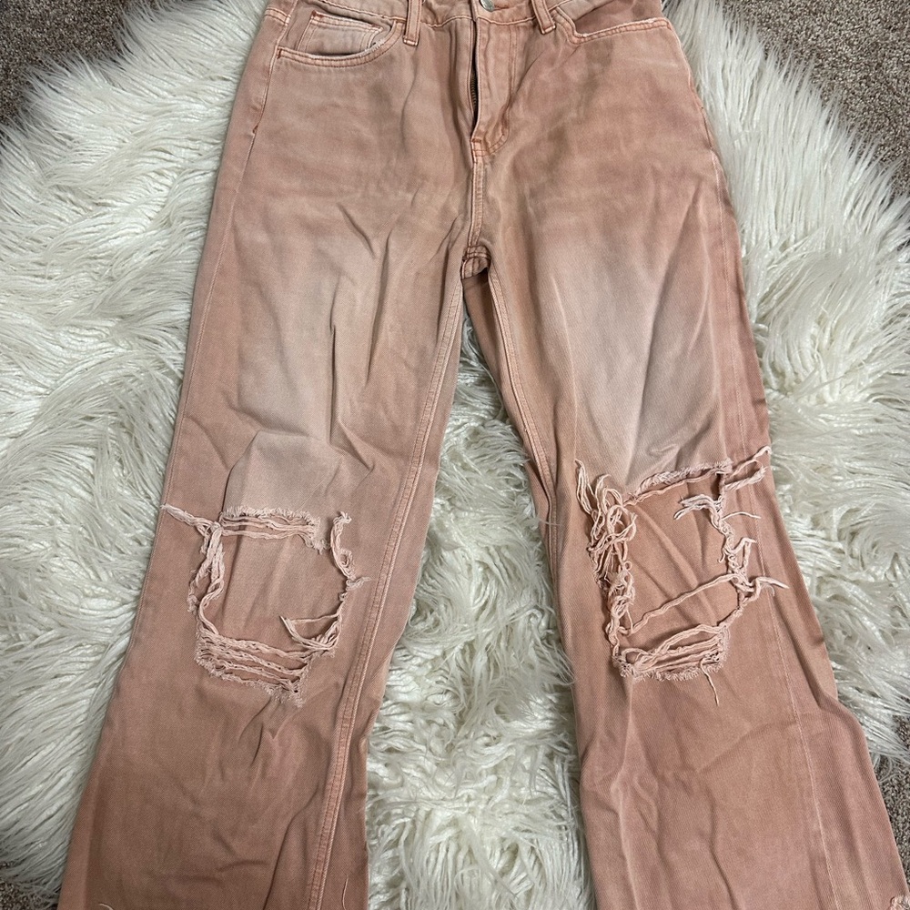 Altar'd State Pink Straight Leg Jeans with Distressed Details